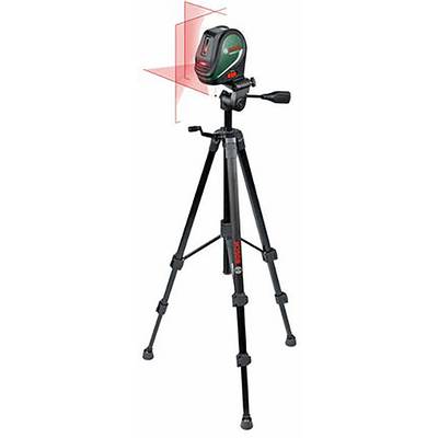 Ein Linienlaser auf einem Stativ projiziert rote horizontale und vertikale Linien. Ideal zur Ausrichtung von Objekten.