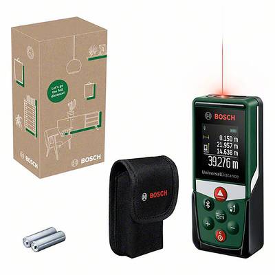Bosch Laser-Entfernungsmesser-Set mit Gerät, Box, Batterien und Tasche. Gerät zeigt Abstandsmessungen an, leuchtet rotem Laser.