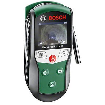Ein grünes Bosch UniversalInspect Endoskop mit Bildschirm und Tasten. Es zeigt ein Kamerabild an und hat Funktionen zum Aufnehmen und Beleuchten.