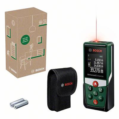 'Bosch Universalmessgerät mit Laser' zeigt Messungen auf Display. Verpackung, Tasche und zwei Batterien sind nebenan abgebildet.