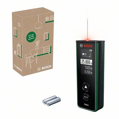 'Laser-Entfernungsmesser Bosch Zamo' zeigt Messergebnisse mit Laserstrahl. Im Bild sind auch Batterien und Verpackung enthalten.