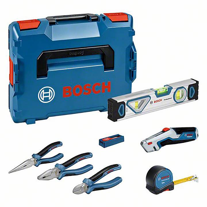 Ein Bosch Werkzeugset mit Wasserwaage, Zange, Maßband und Koffer. Ideal für Heimwerkerprojekte und präzise Messarbeiten.