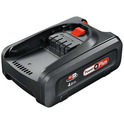 Ein schwarzer Akku mit der Aufschrift 'Power Plus 4.0 Ah', geeignet für Werkzeuge oder Geräte.