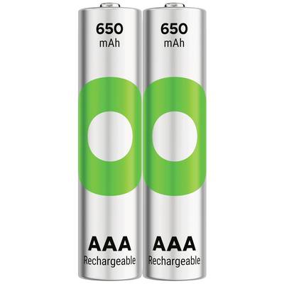 Zwei wiederaufladbare AAA-Batterien mit einer Kapazität von 650 mAh, nebeneinander angeordnet, mit grün-weißem Design.