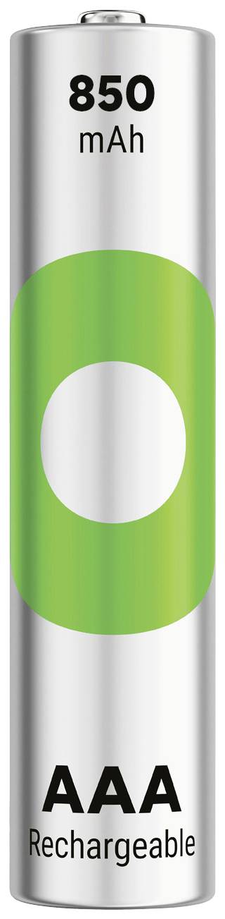 Eine wiederaufladbare AAA-Batterie mit einer Kapazität von 850 mAh, silberfarben mit einem grünen Muster.