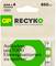 'GP ReCyko AAA x 4, 850 mAh, NiMH, einsatzbereit. Aufladen, um 7000 Einwegbatterien zu sparen.' Akkuverpackung mit Batterieabbildung.