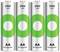 Vier wiederaufladbare AA-Batterien mit 2100 mAh Kapazität, in einer Reihe angeordnet, mit grünem kreisförmigem Muster.