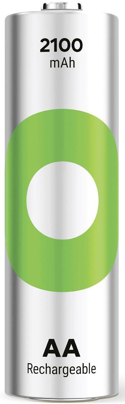 Eine wiederaufladbare AA-Batterie mit 2100 mAh Kapazität, silbern mit einem grünen Ring.