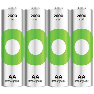 Vier aufgereihte, wiederaufladbare AA-Batterien mit 2600 mAh Kapazität, silbern mit grünem Kreisdesign, anzeigen.
