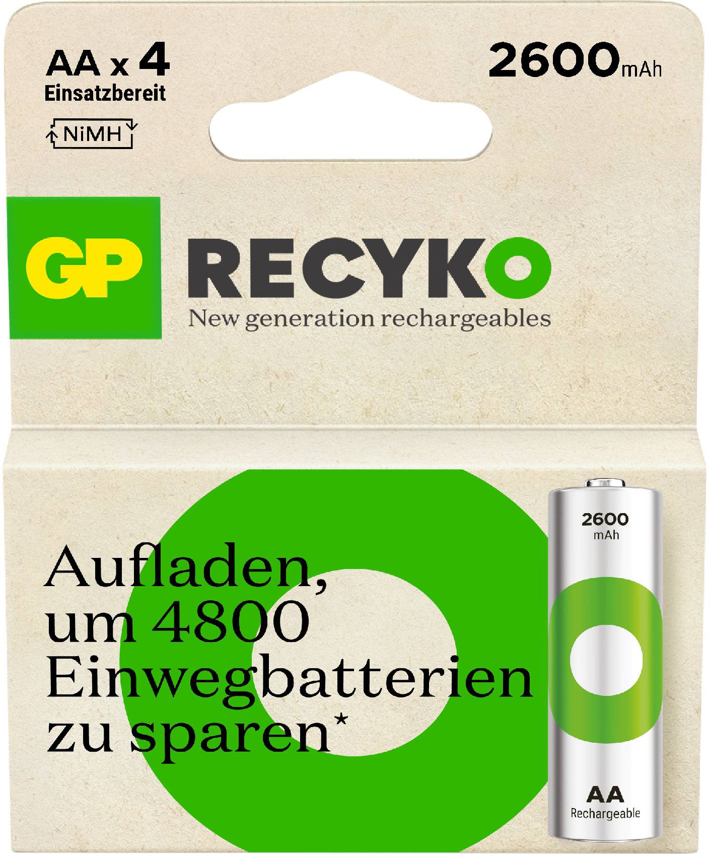 'GP ReCyko' Akkus (2600 mAh, NiMH) in AA-Größe, verpackt. Text: 'Aufladen, um 4800 Einwegbatterien zu sparen.'