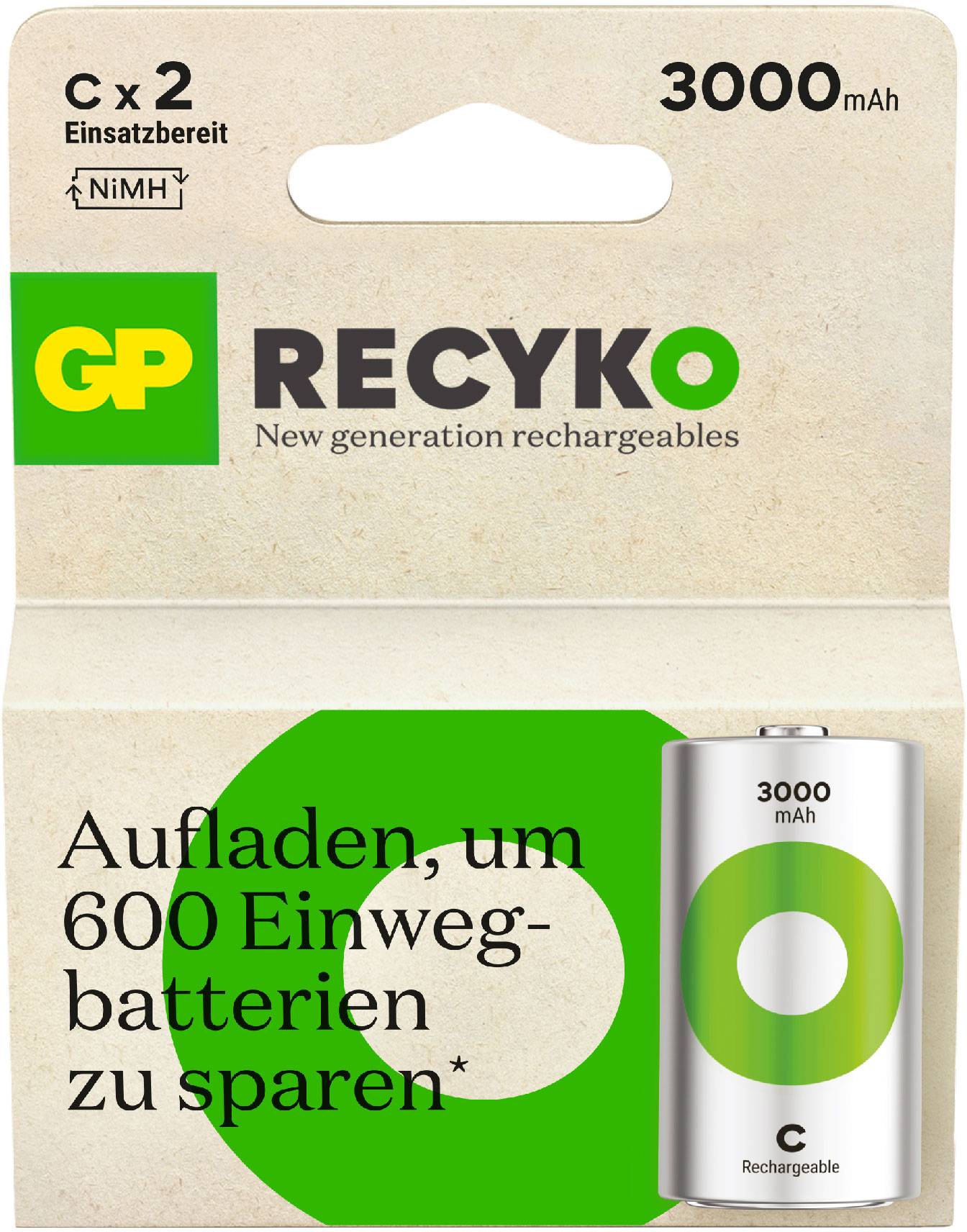 Verpackung von GP ReCyko C-Batterien mit 3000 mAh; 'Aufladen, um 600 Einwegbatterien zu sparen'. NiMH, wiederaufladbar.