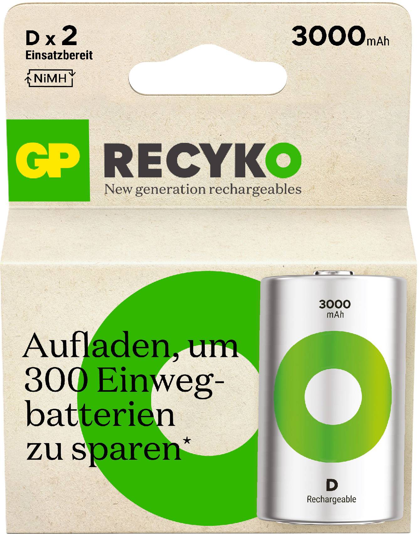 'GP Recyko D x 2, 3000 mAh, NiMH Batterien, einsatzbereit. Aufladen, um 300 Einwegbatterien zu sparen.' Batterieverpackung.