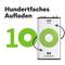 'Hundertfaches Aufladen' zeigt eine Batterie mit 200 mAh und 9V, daneben die Zahl 100 in grün, was auf mehrfaches Aufladbarkeit hinweist.