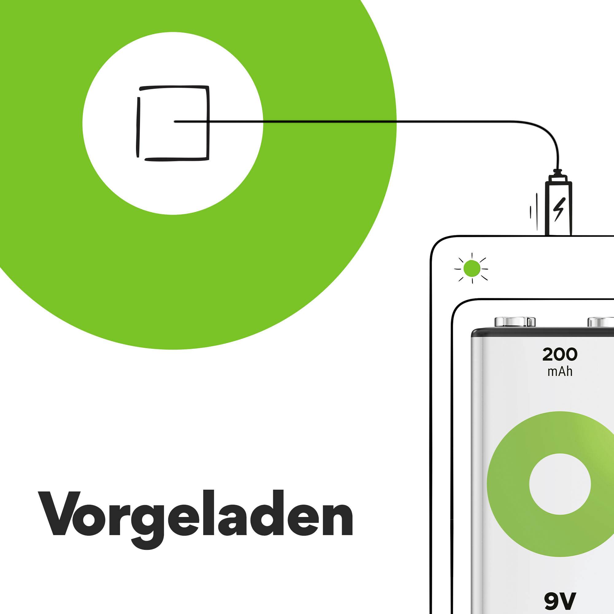 'Vorgeladen' zeigt eine vollständig aufgeladene Batterie mit 200 mAh. Ein grünes Licht zeigt den Ladezustand an.