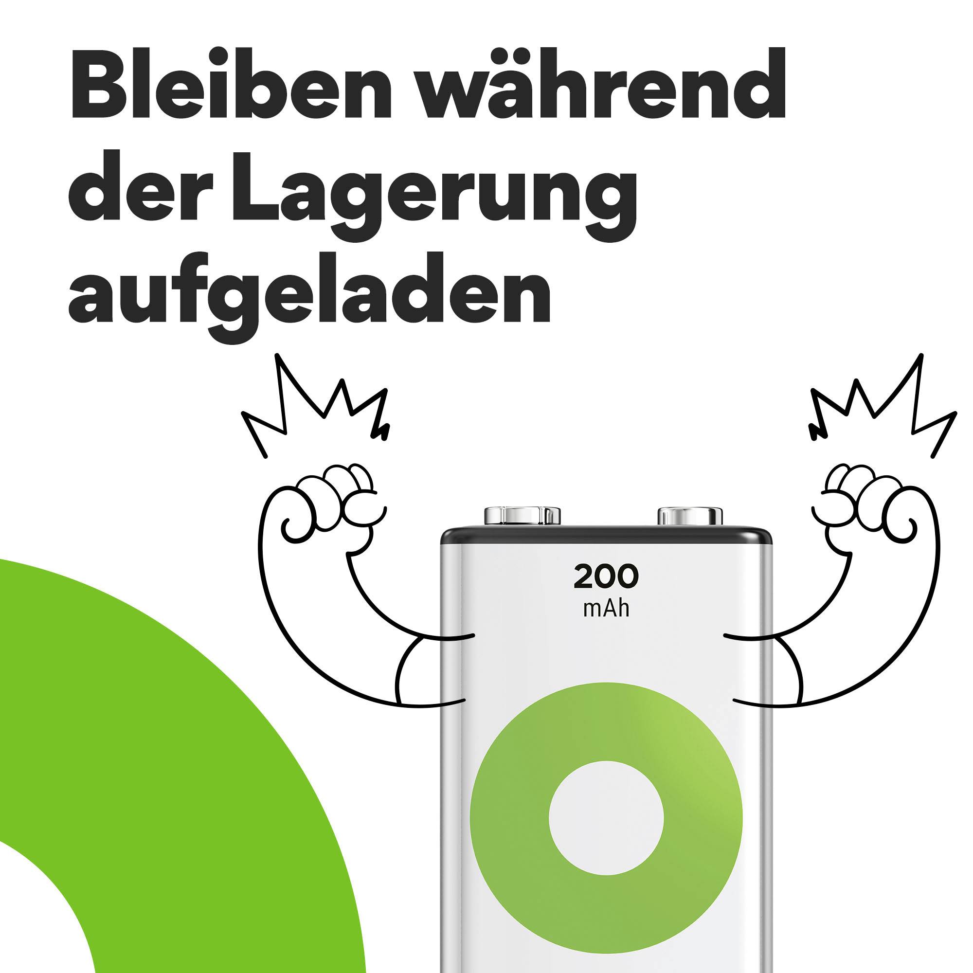 'Bleiben während der Lagerung aufgeladen' steht über einer Batterie mit 200 mAh, die von gezeichneten Armen gehalten wird.