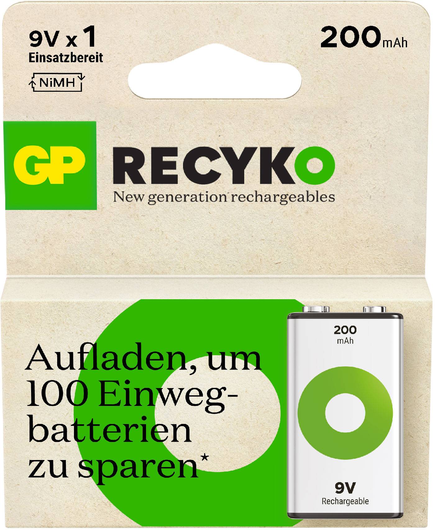 9V wiederaufladbare GP ReCyko Batterie in Verpackung, mit Hinweis auf das Einsparen von 100 Einwegbatterien. Kapazität: 200 mAh.