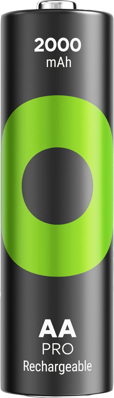 Eine aufladbare AA-Batterie mit 2000 mAh Kapazität. Sie hat ein schwarzes Gehäuse mit einem grünen Ring in der Mitte.