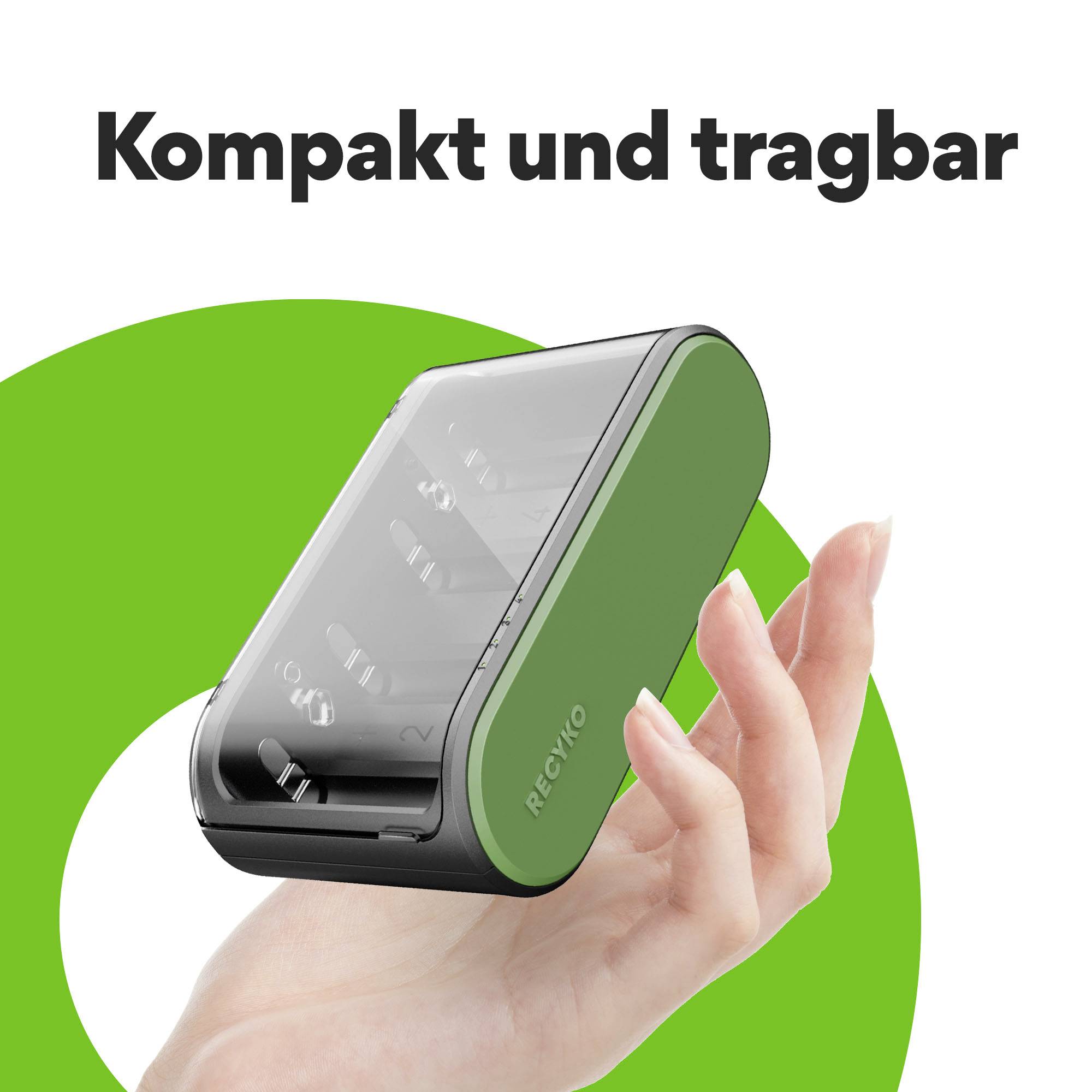 Ein silbernes und grünes tragbares Gerät wird von einer Hand gehalten. Text: 'Kompakt und tragbar'.