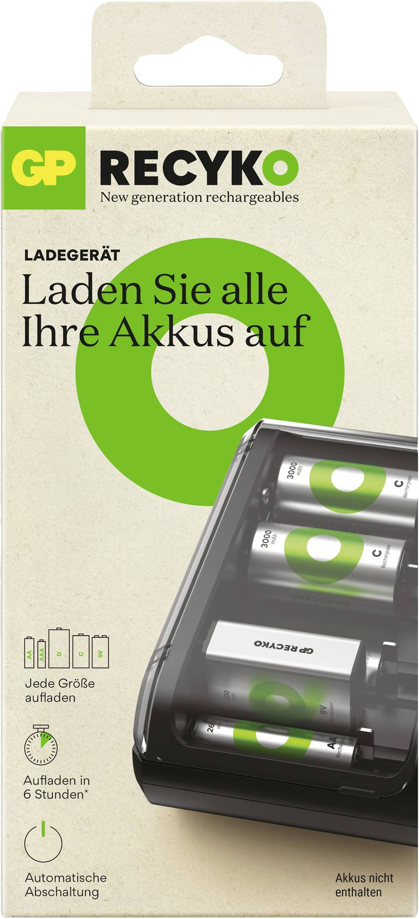Verpackung eines Ladegeräts mit Batterien. Text: 'Laden Sie alle Ihre Akkus auf'. Enthält vier AA-Batterien. Automatische Abschaltung.