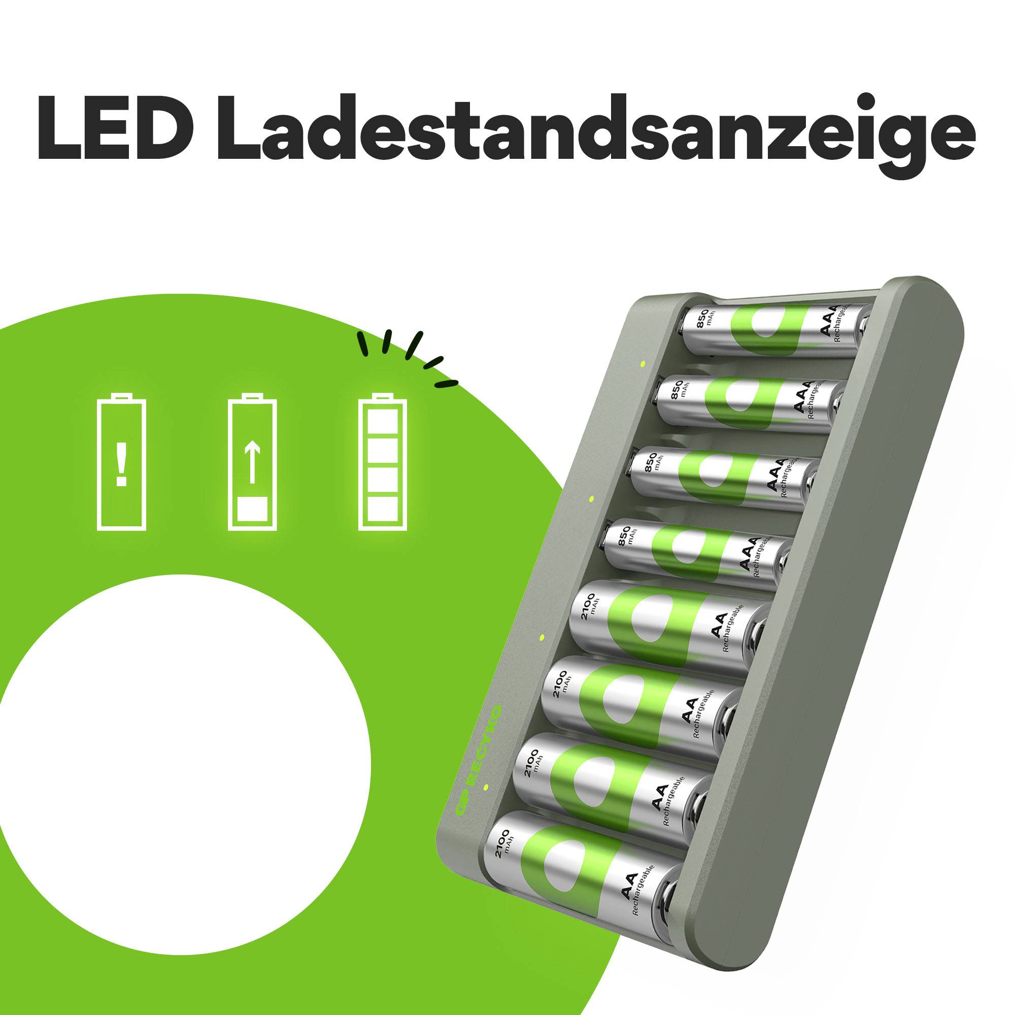 'Akkuladegerät mit LED-Ladestandsanzeige.'