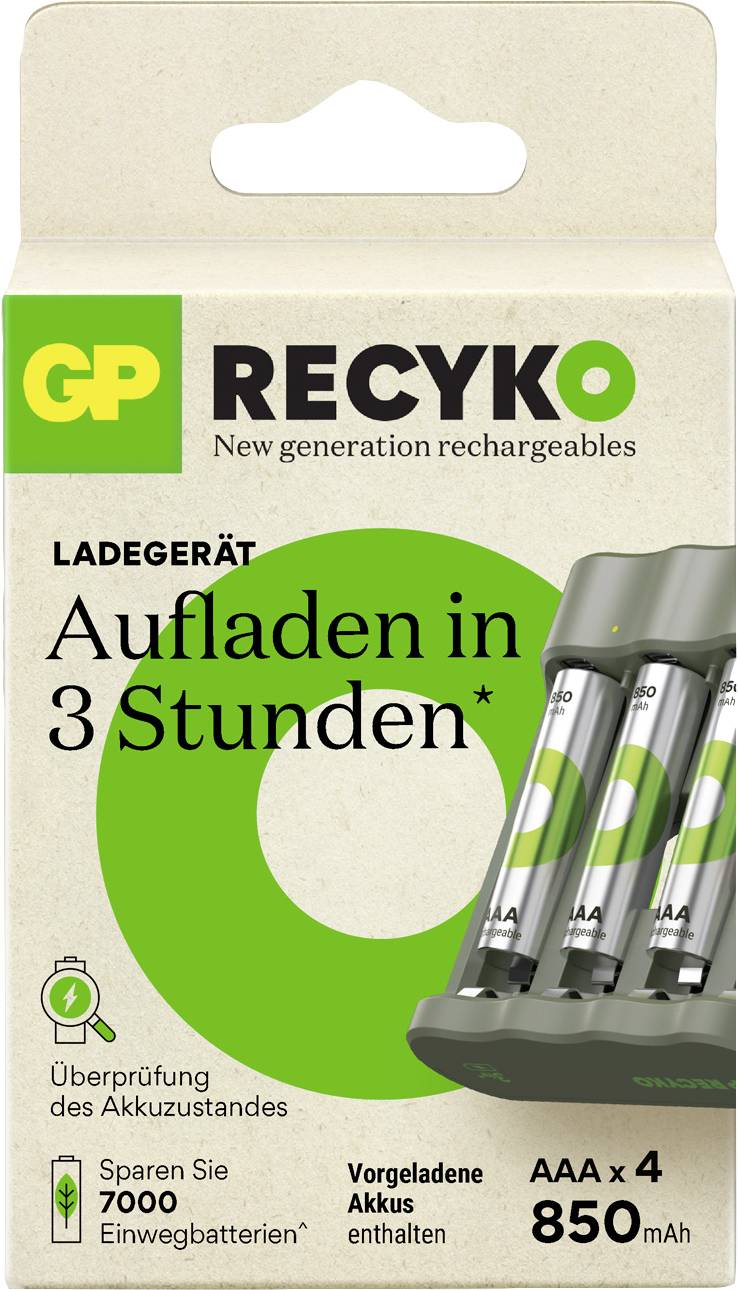 Verpackung eines GP ReCyko Ladegeräts. Verspricht: 'Aufladen in 3 Stunden'. Enthält 4 vorgeladene AAA-Akkus mit 850 mAh.