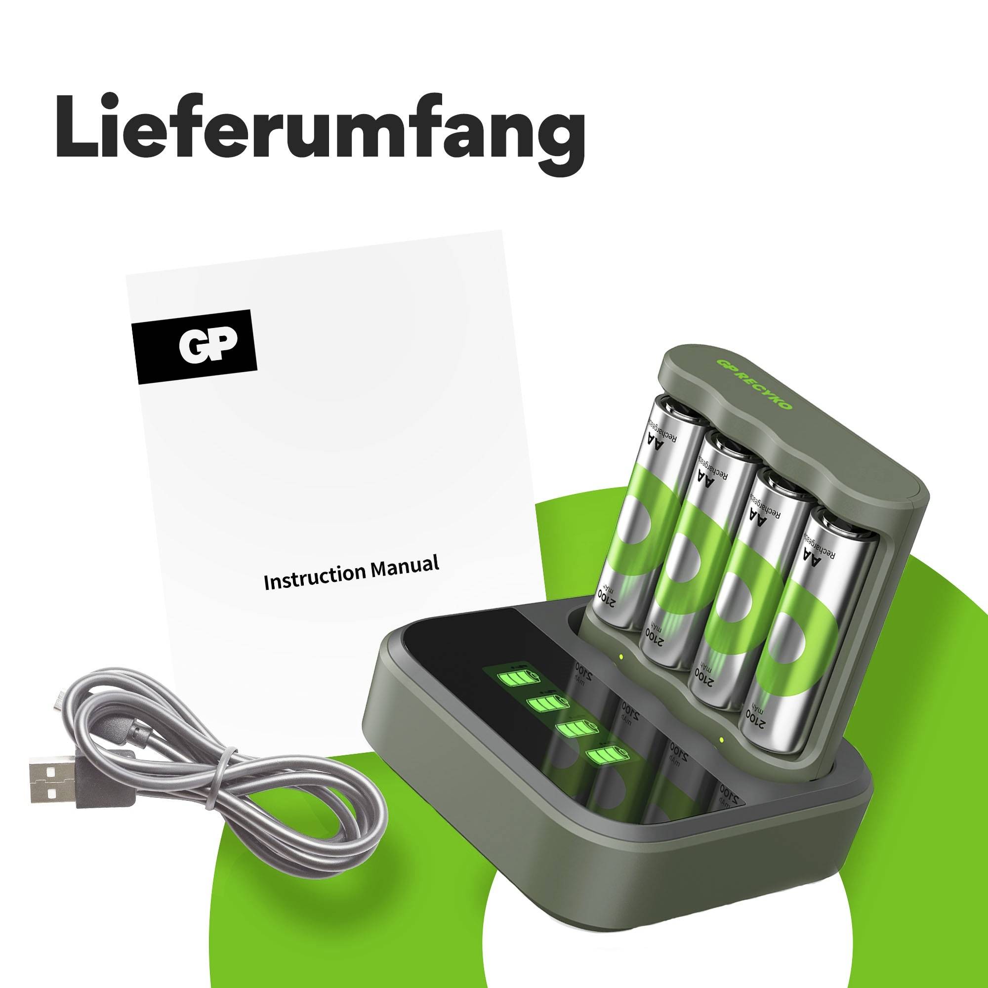 'Lieferumfang': Batterieladegerät mit vier eingelegten AA-Batterien, ein USB-Kabel und ein Handbuch mit der Aufschrift 'Instruction Manual'.