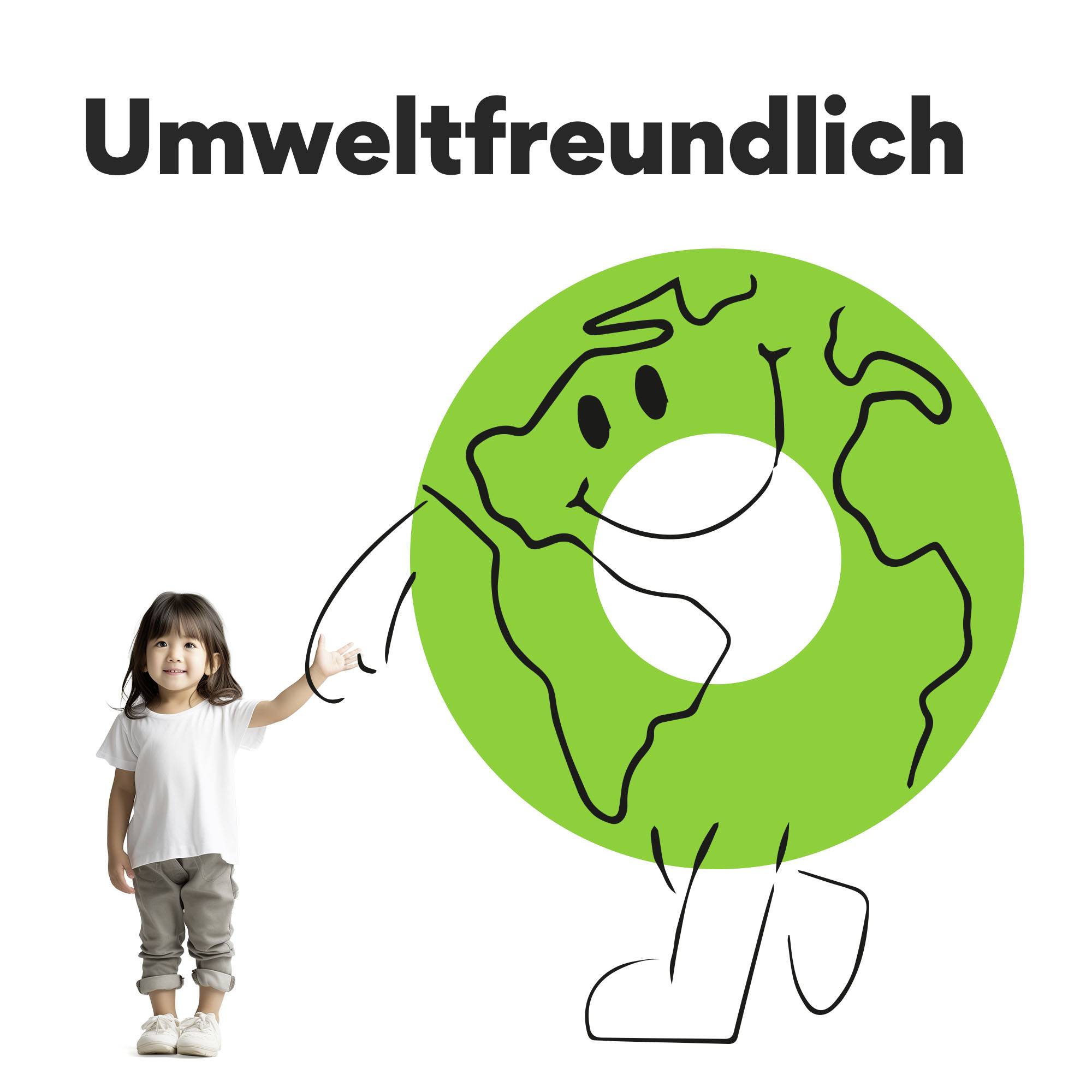 Ein lächelnder grüner Globus mit Armen und Beinen hält die Hand eines lächelnden Kindes. Text darüber: 'Umweltfreundlich'.