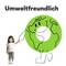 Ein lächelnder grüner Globus mit Armen und Beinen hält die Hand eines lächelnden Kindes. Text darüber: 'Umweltfreundlich'.