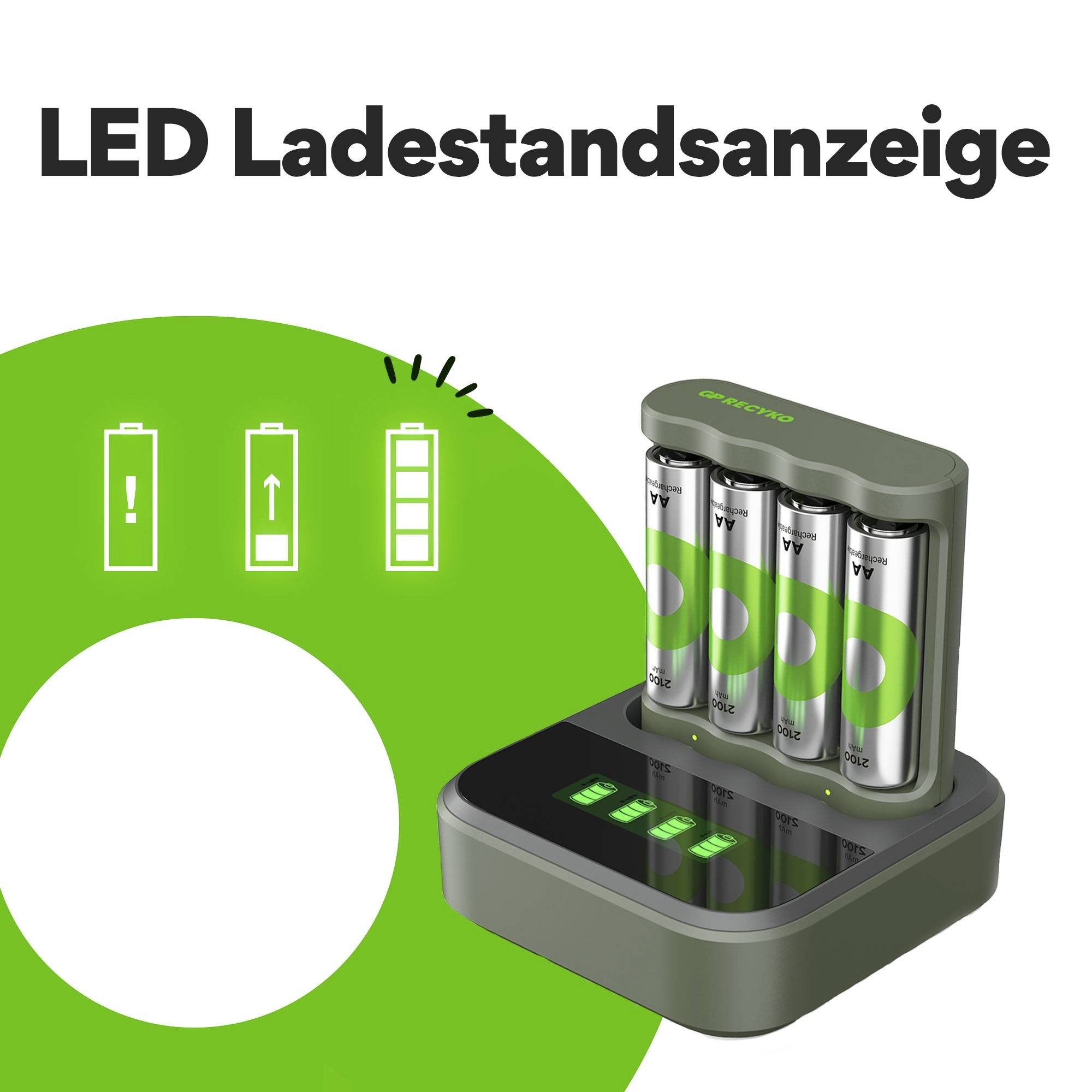 Batterieladegerät mit LED-Anzeige zeigt Ladezustand von vier Batterien an, Text 'LED Ladestandsanzeige' darüber.