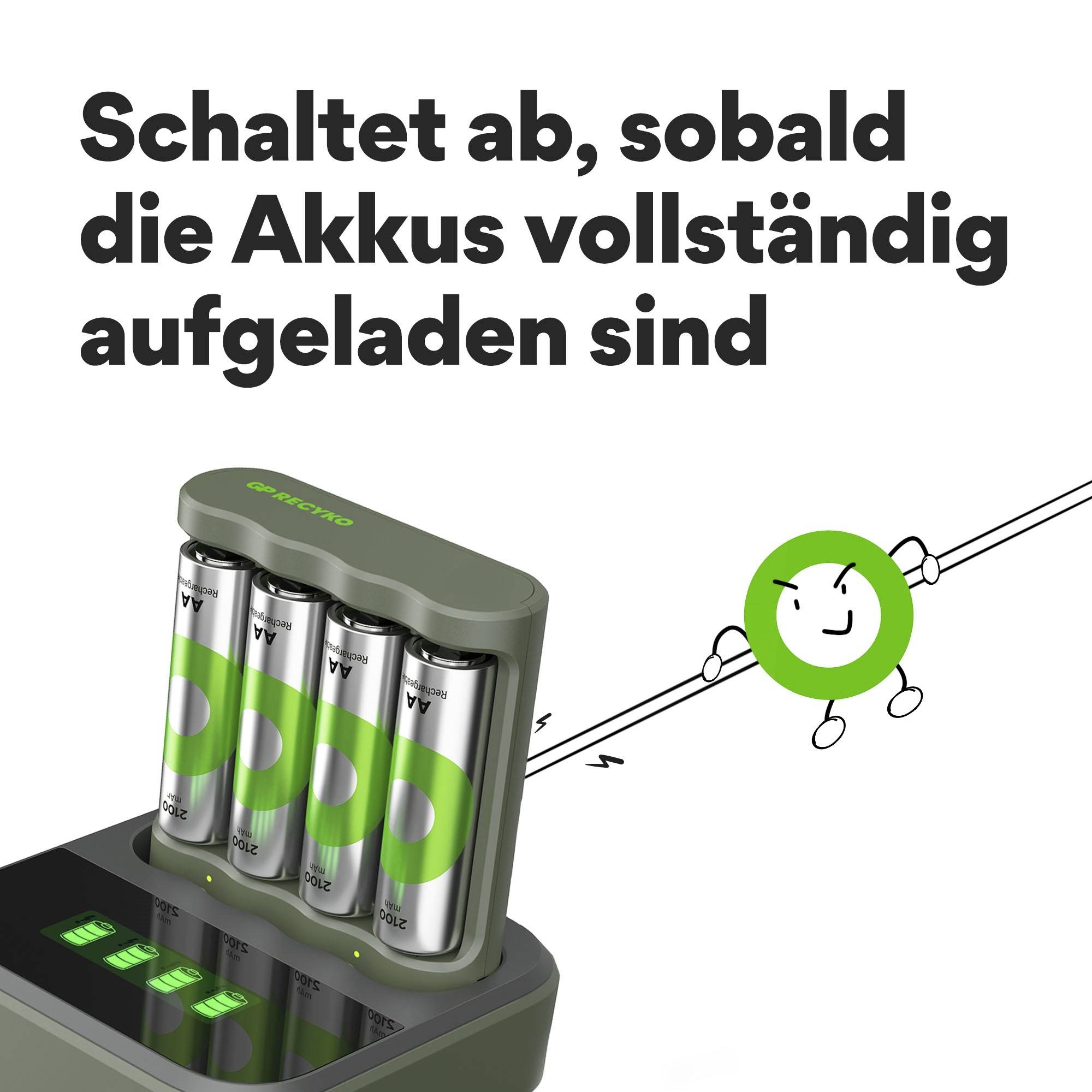 Ladegerät mit vier AA-Batterien, die voll geladen sind. Text darüber: 'Schaltet ab, sobald die Akkus vollständig aufgeladen sind'.
