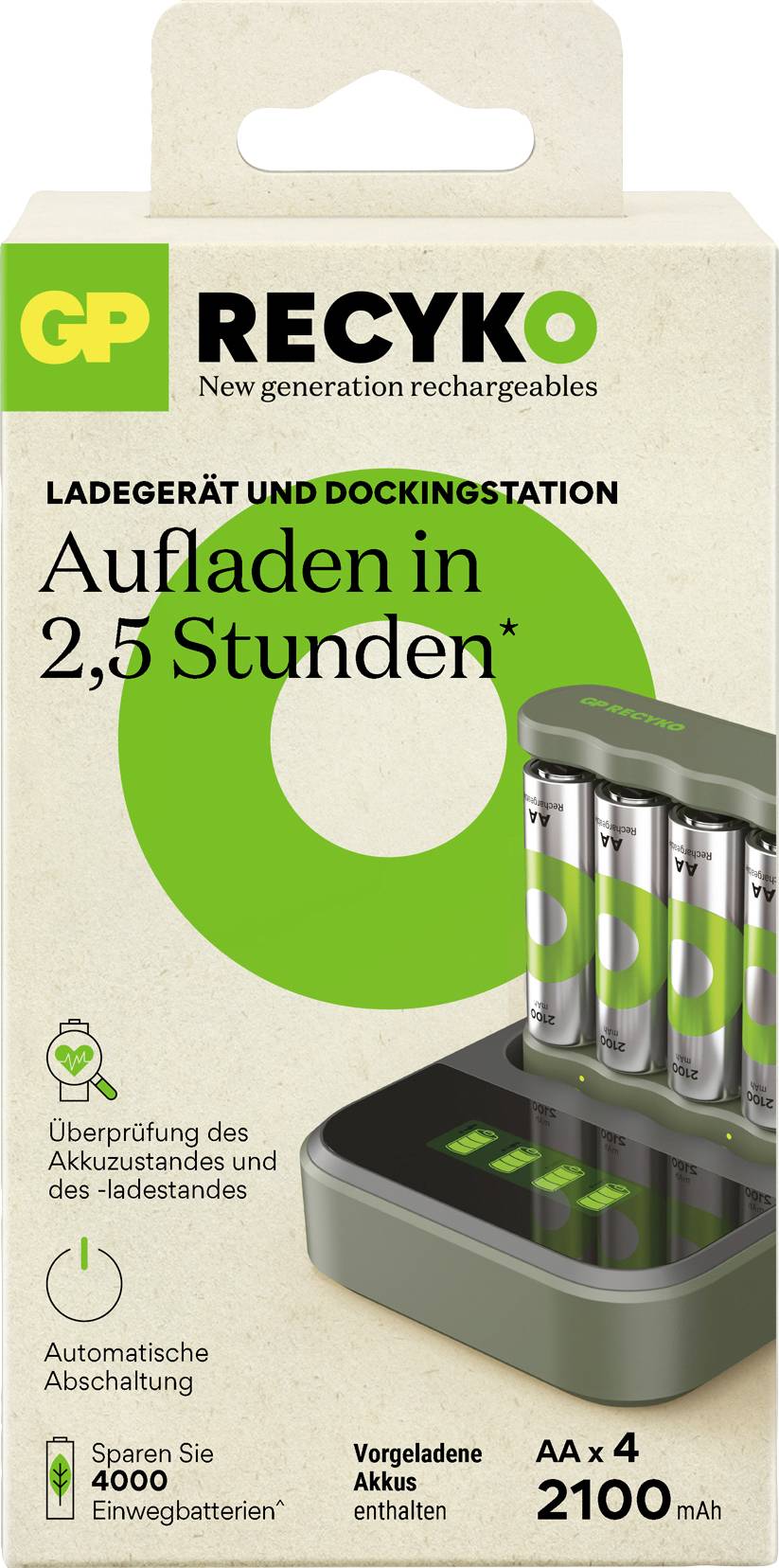 Verpackung einer GP Recyko Ladegerät- und Dockingstation für AA-Batterien. Hervorhebung: 'Aufladen in 2,5 Stunden'. Enthält 4 AA-Batterien, 2100 mAh.