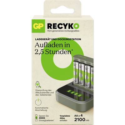 Verpackung einer GP Recyko Ladegerät- und Dockingstation für AA-Batterien. Hervorhebung: 'Aufladen in 2,5 Stunden'. Enthält 4 AA-Batterien, 2100 mAh.