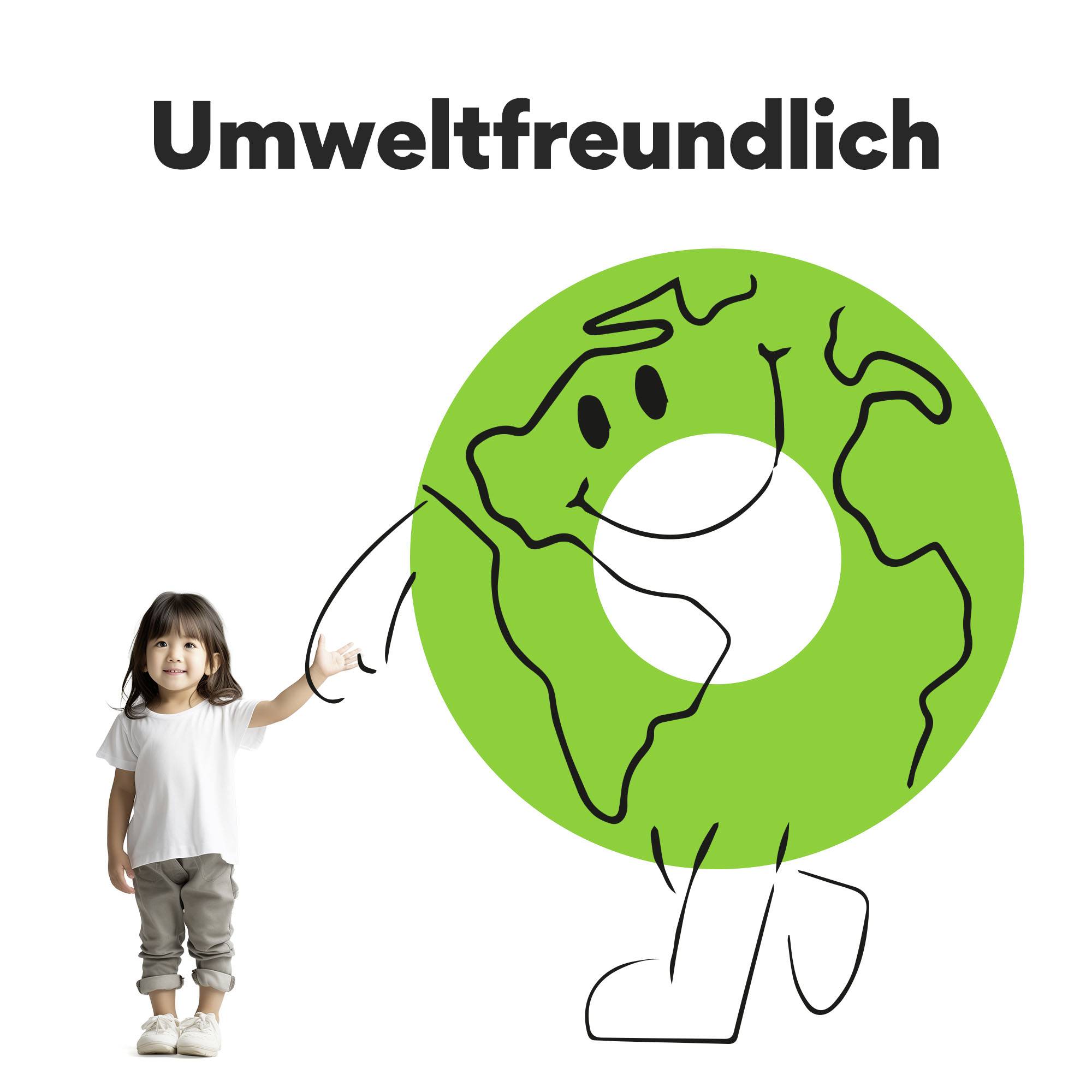 Ein fröhliches, grünes Cartoon-Erdball-Geist mit Armen und Beinen hält die Hand eines lächelnden kleinen Mädchens. Text: 'Umweltfreundlich'.