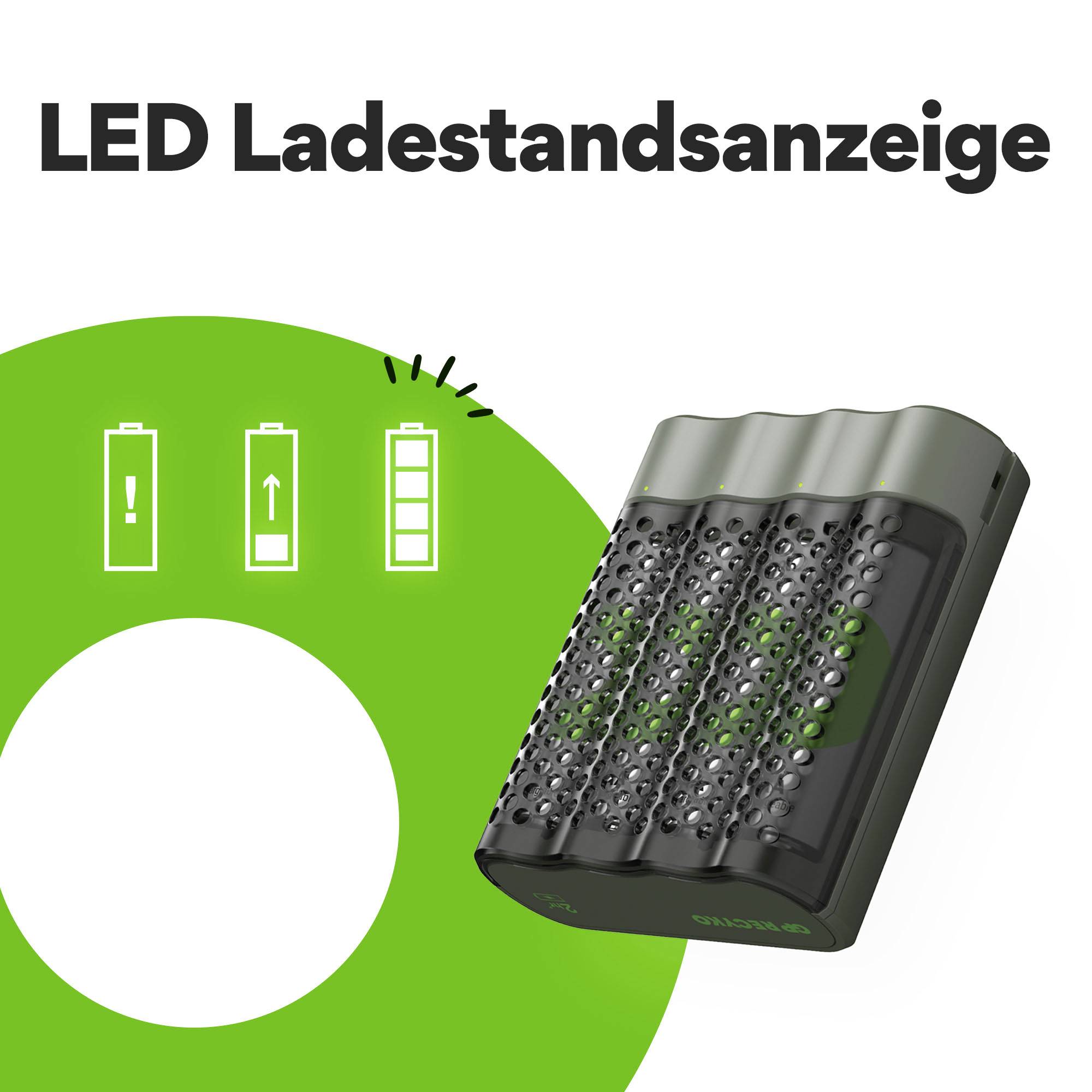 Eine LED-Ladestandsanzeige zeigt vier Batterien mit unterschiedlichem Ladestand. Eine Batterie ist voll, die anderen sind teilweise geladen.