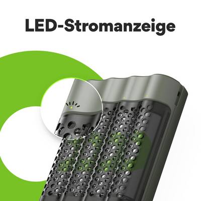 'LED-Stromanzeige' in großer schwarzer Schrift über einem stilisierten, lichtdurchlässigen Gehäuse mit grünen Lichteffekten.
