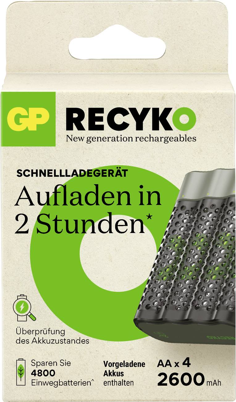 'Verpackung eines GP ReCyko Schnellladegeräts: Aufladen in 2 Stunden, inkl. 4 vorgeladene AA-Akkus mit 2600 mAh. Spart 4800 Einwegbatterien.'