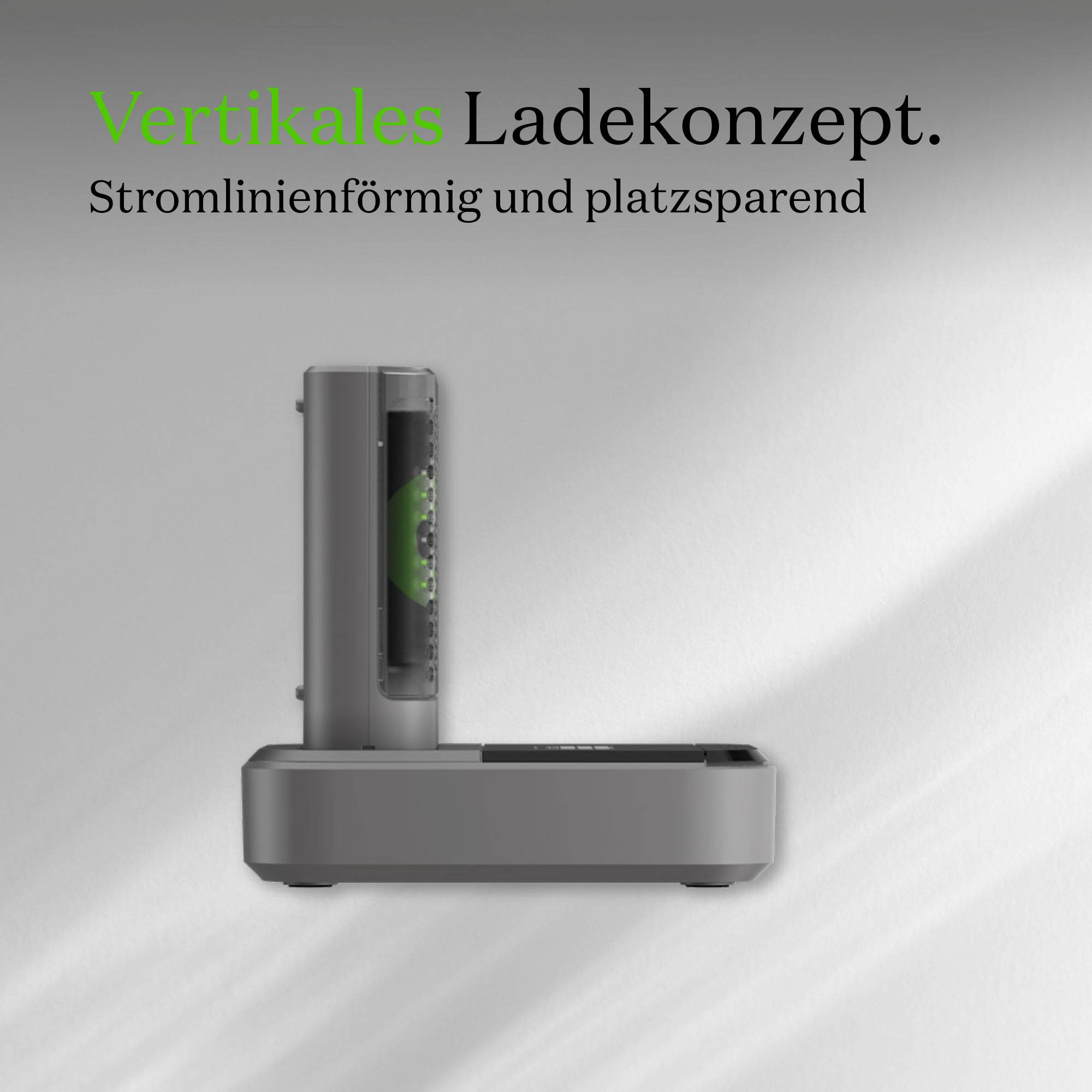Vertikales Ladegerät in Grau, stromlinienförmig und platzsparend. Text oben: 'Vertikales Ladekonzept. Stromlinienförmig und platzsparend.'