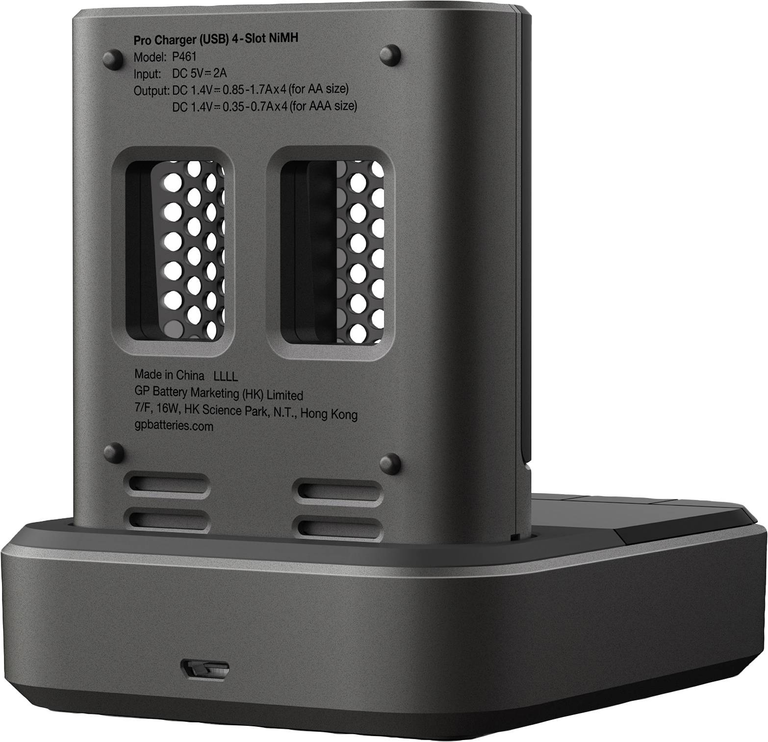 Ein schwarzes Ladegerät mit vier Schlitzen für AA- und AAA-Batterien, geeignet für NiMH-Akkus, mit USB-Anschluss und Spezifikationen.