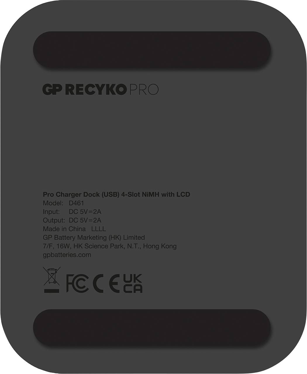 Ladegerät-Dock (USB) für 4 NiMH-Batterien mit LCD-Anzeige. Modell D451. Eingang/Ausgang: DC 5V 2A. Hergestellt in China.