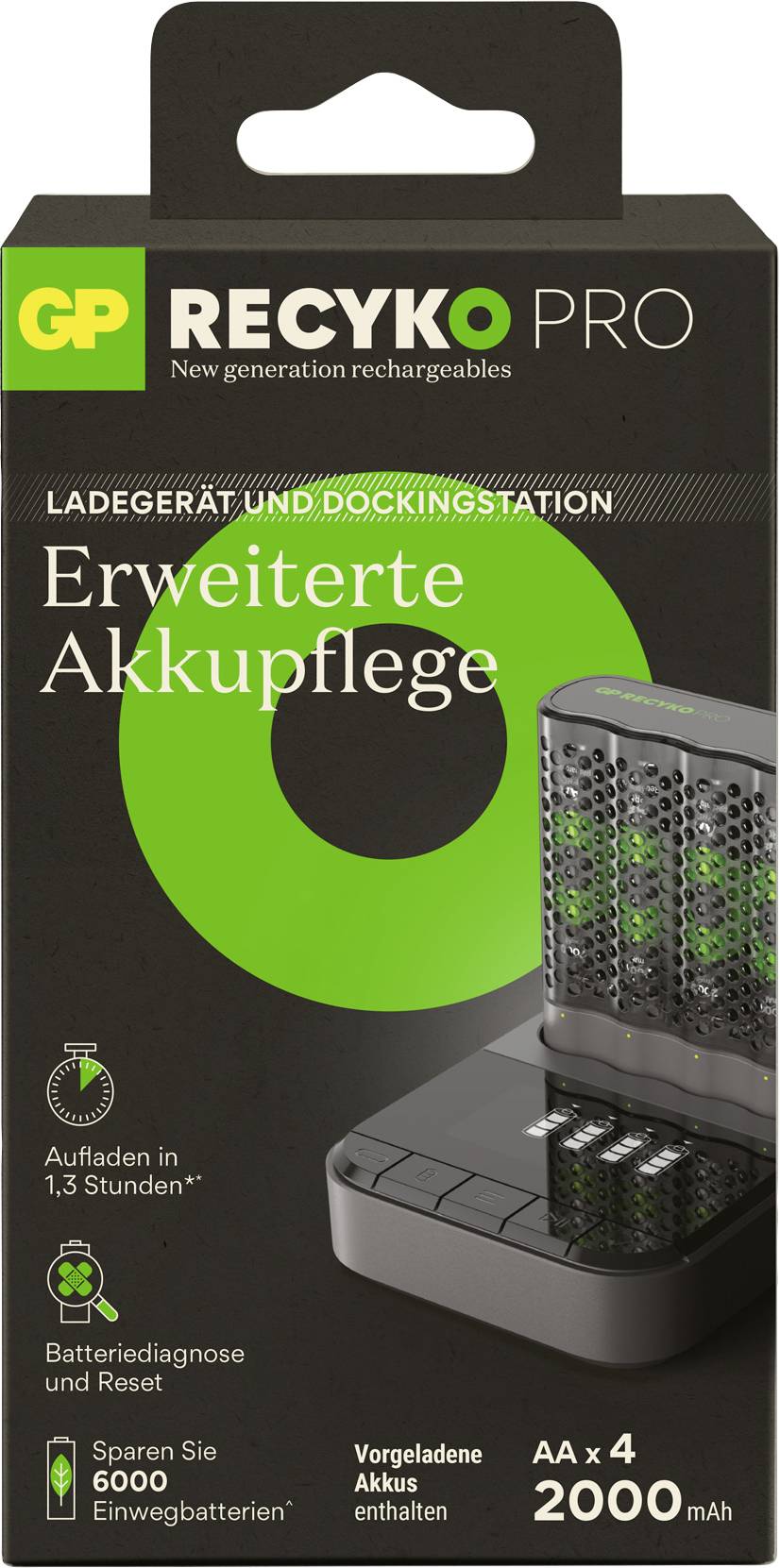 'GP ReCyko Pro' Ladegerät und Dockstation für AA-Akkus, 2000 mAh. Enthält vier Akkus, lädt in 1,3 Stunden, bietet Batteriediagnose.