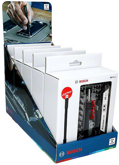 Verkaufsdisplay mit Bosch Präzisionsschraubendreher-Set. Enthält mehrere Packungen mit Beschriftung '42 tlg.' und 'EXTRA!'.