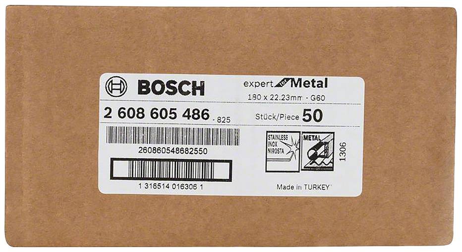 Etikett auf brauner Verpackung zeigt 'Bosch' Logo, Artikelnummer, 190 x 22,23 mm, 50 Stück, 'Made in Turkey', Barcode vorhanden.