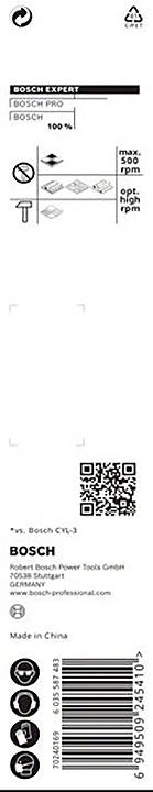 Etikett eines Werkzeugs mit Marke 'Bosch', Schärfinformationen, QR-Code, Barcode und Kontaktadresse; in China hergestellt.