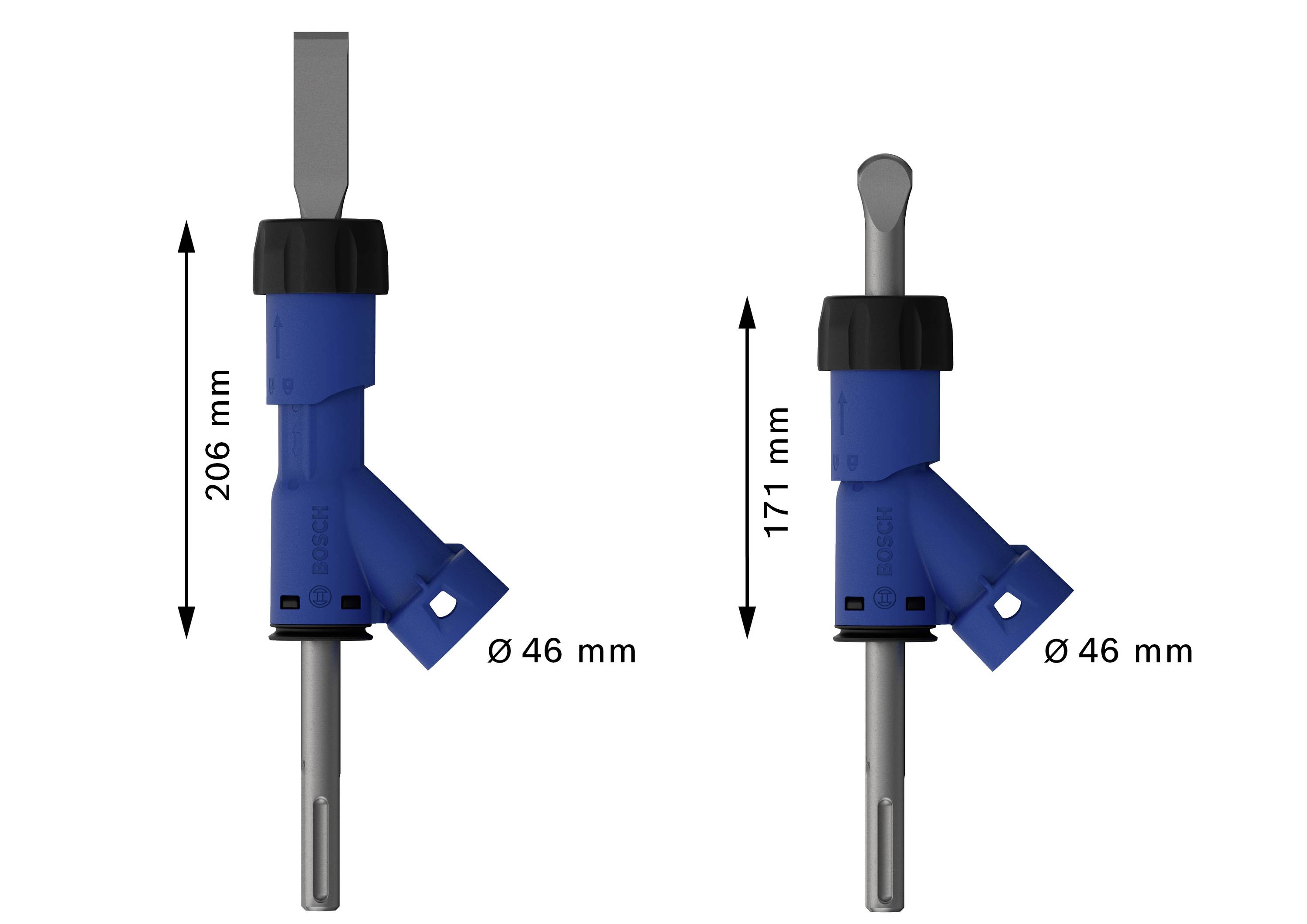 'Zwei blaue Ventile mit Pfeilen zur Längenangabe: links 206 mm, rechts 171 mm; beide mit einem Durchmesser von 46 mm.'