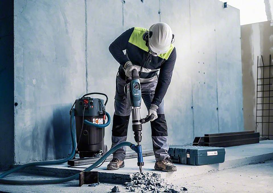 Eine Person in Schutzkleidung bohrt mit einem Handbohrer in einen Betonboden, umgeben von Ausrüstung und Werkzeugkiste.