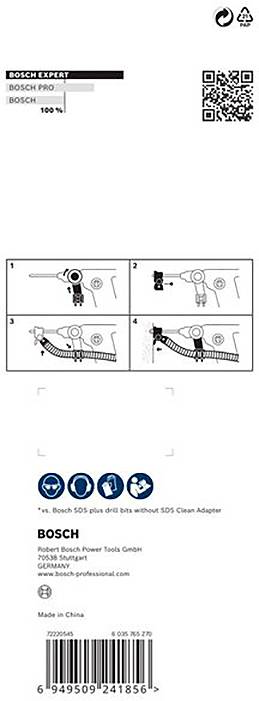 Anleitung zur Verwendung eines Bohrers mit Abbildung von vier Schritten für das Einsetzen des Bohrfutters in englischer Sprache.