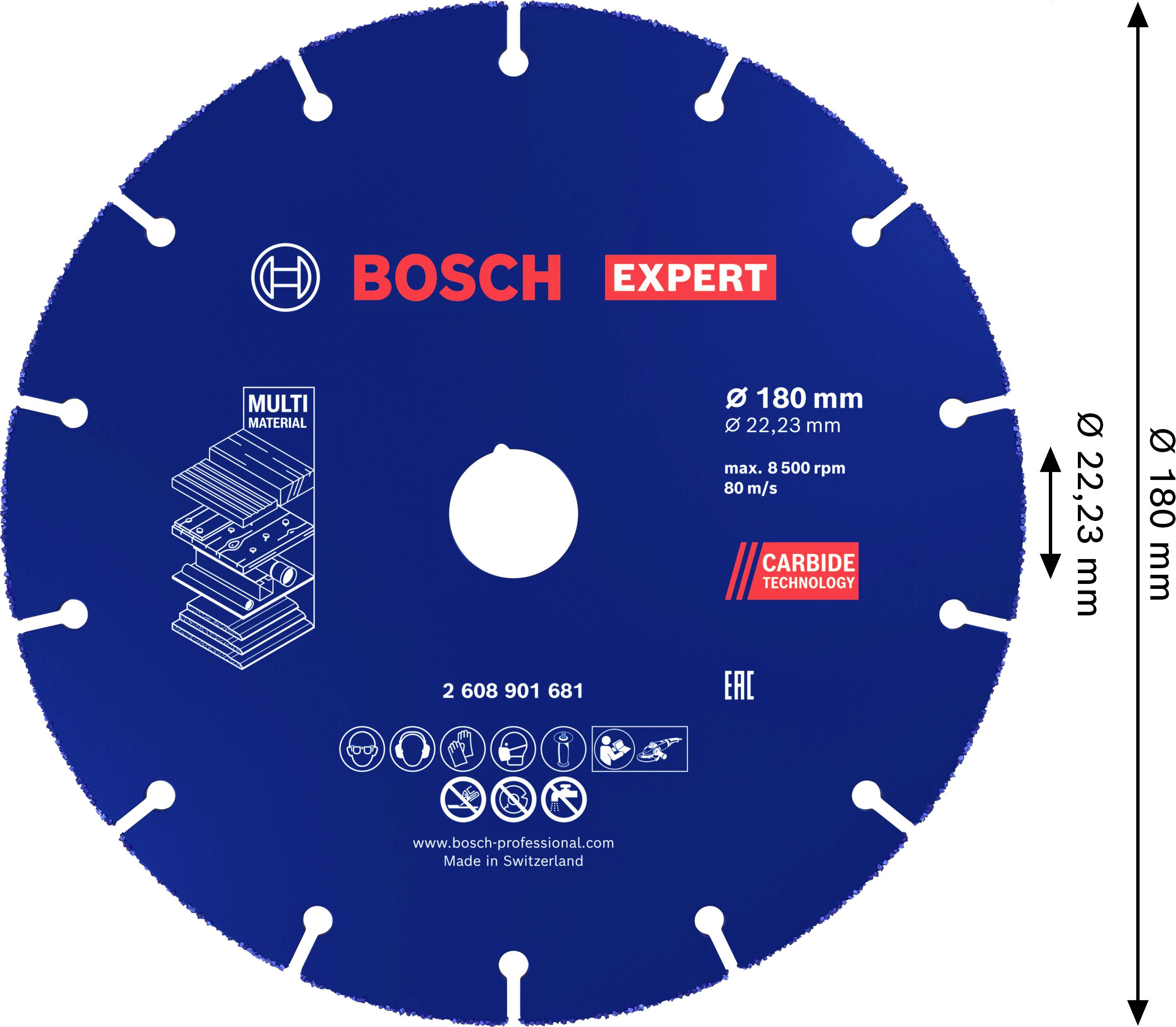 Blauer Diamantsägeblatt mit Text 'BOSCH EXPERT'. Durchmesser 180 mm, Bohrung 22,23 mm. Geeignet für Multi-Material, max. 5.500 U/min.