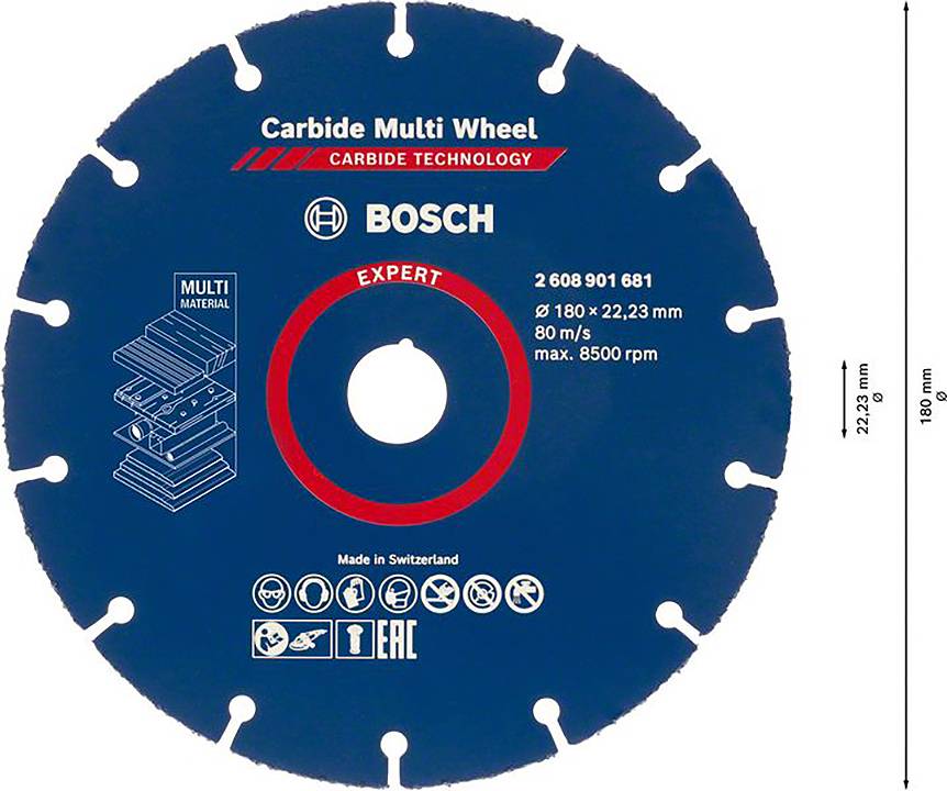 'Bosch Carbide Multi Wheel, 180 x 22,23 mm, 80 m/s, max. 8500 rpm, geeignet für Multi-Material, hergestellt in der Schweiz.'