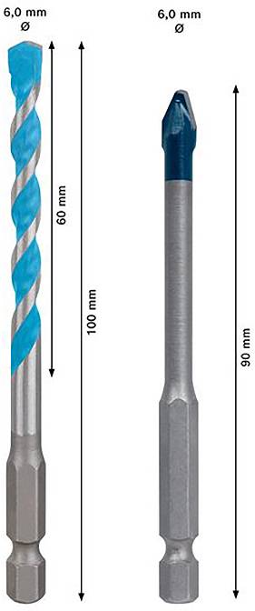 'Zwei Bohrer: links 60 mm, 6,0 mm Ø, blau, spiralig; rechts 90 mm, 6,0 mm Ø, silbern, spitz. Größenangaben nebeneinander.'