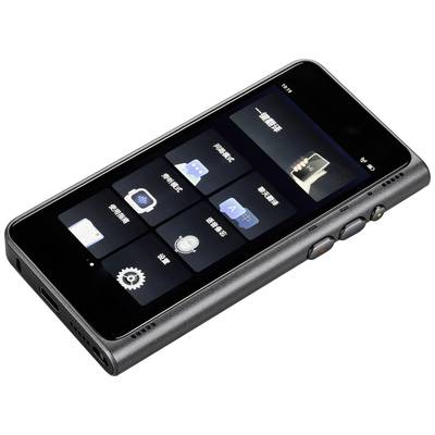 Ein modernes Smartphone mit schwarzem Bildschirm zeigt sechs App-Symbole. Die Seiten sind mit Bedientasten ausgestattet.